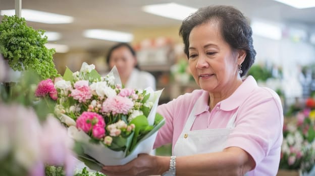 Asian american mature florist woman creates bouquet of flowers in flower store, AI Generated
