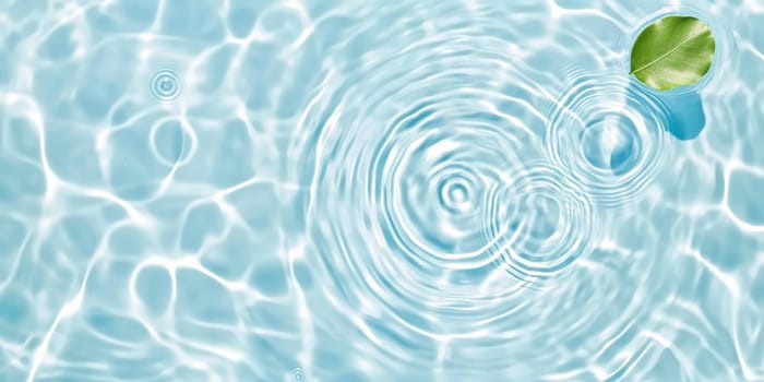 A green leaf floating on water showing ripples and bubbles, suitable as SPA background, AI generated