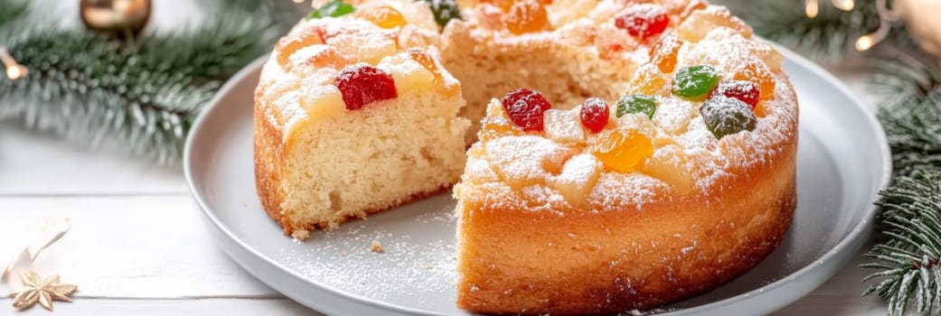 Three kings holiday festive fruitcake topped with colorful candied fruits on a table, background, AI generated