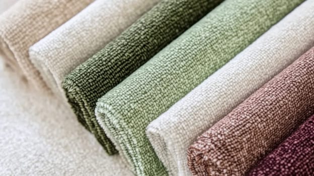 Chenille Fabric samples in various neutral colors close up arranged, texture detail, interior design palette background, AI Generated
