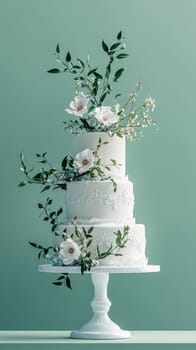 Wedding cake with beautiful flowers on solid pastel color background, copy space, AI Generated