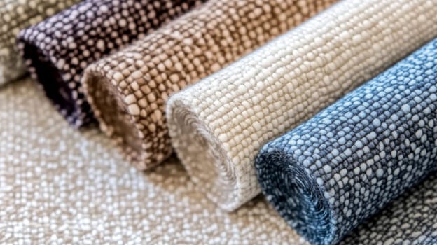 Boucle Fabric samples in various neutral colors close up arranged, texture detail, interior design palette background, AI generated