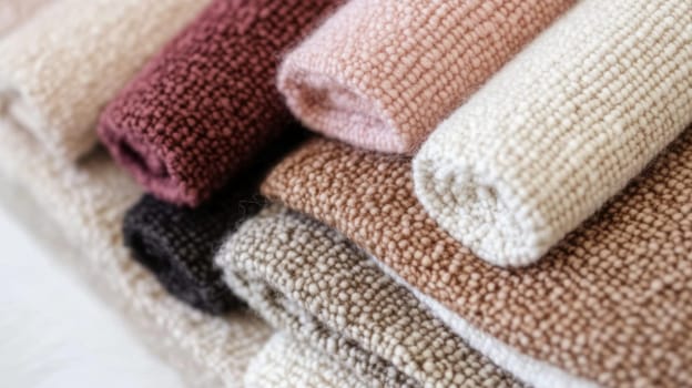 Boucle Fabric samples in various neutral colors close up arranged, texture detail, interior design palette background, AI generated