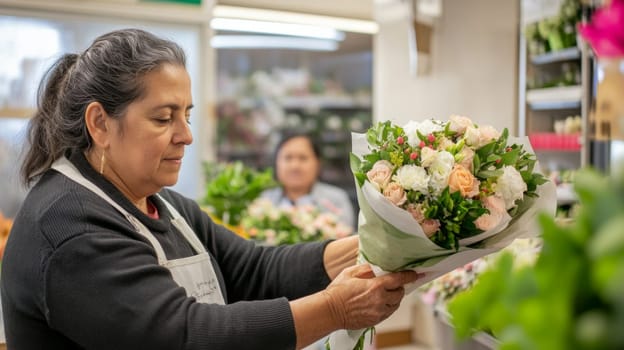 Latin american mature florist woman creates bouquet of flowers in flower store, AI Generated