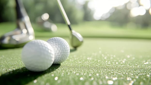 Golf ball on lush green grass, copy space for sports backgrounds, AI generated