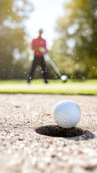 Golf ball in motion on lush green course during sunny day, action concept, AI generated