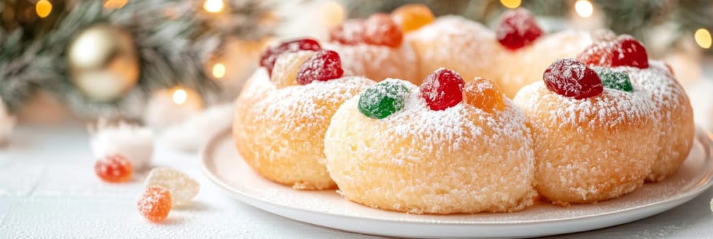 Three kings holiday festive fruitcake topped with colorful candied fruits on a table, background, AI generated