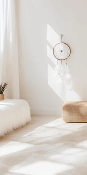 Dreamcatcher hanging in light airy room, boho decor background with copy space, AI generated