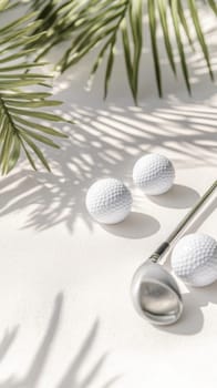 Golf balls and club on sunny textured surface with palm shadows, background, AI generated