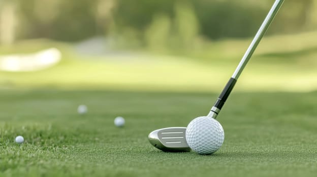 Golf ball on lush green grass, copy space for sports backgrounds, AI generated