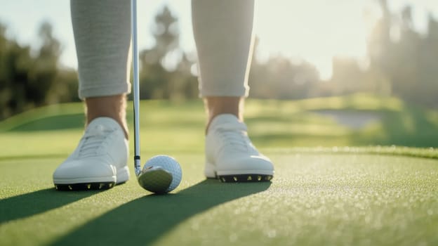 Golf ball in motion on lush green course during sunny day, action concept, AI generated