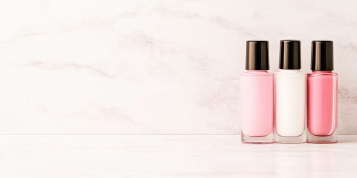 Nail polish bottles of neutral colors arranged on a marble background, AI Generated