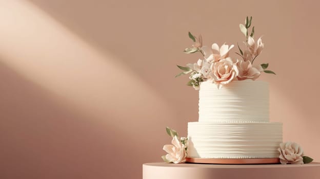 Wedding cake with beautiful flowers on solid pastel color background, copy space, AI Generated