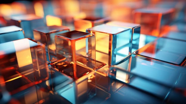 Abstract background of reflective neon purple, blue and orange glass cubes with copy space, AI generated