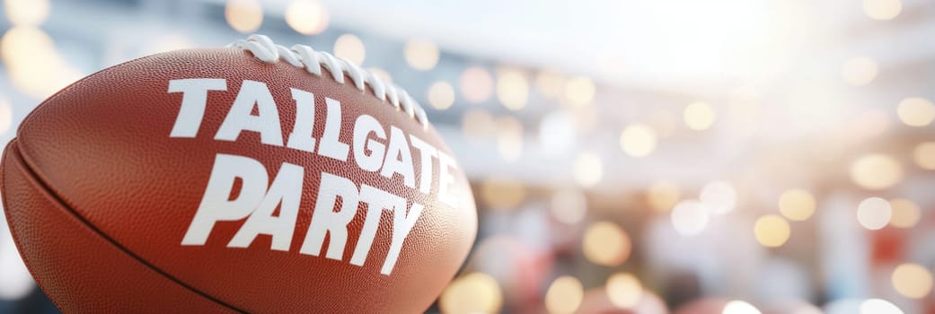 Tailgate party text with American football ball on foreground, festive decoration on banner background, AI Generated