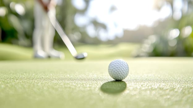 Golf ball in motion on lush green course during sunny day, action concept, AI generated