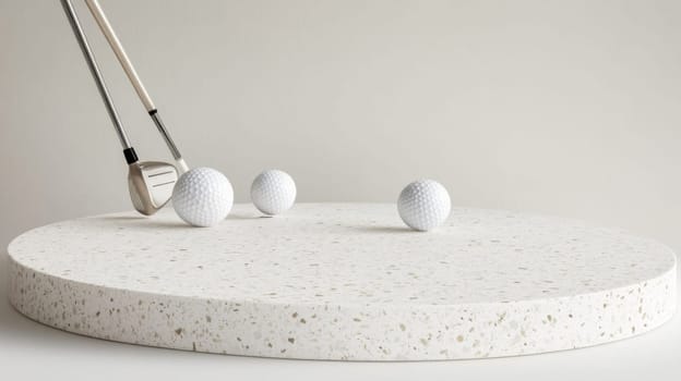 Golf club and two golf balls casting shadows on white surface, background, AI generated