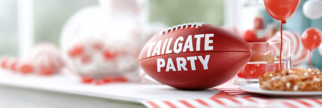 Tailgate party text with American football ball on foreground, festive decoration on banner background, AI Generated
