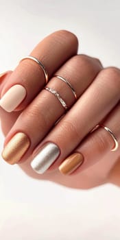 Elegant manicure closeup with gold, silver, peach, and white nail polish detail, AI generated
