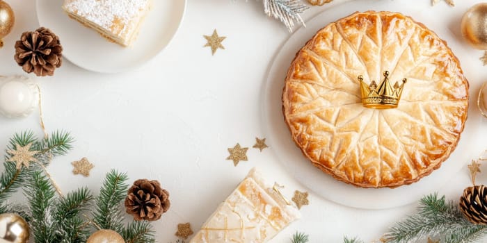 Three kings holiday festive cake topped with golden paper crown on a table, background, AI generated