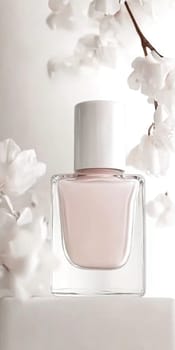 Nail polish bottles in pastel neutral shades closeup, AI generated