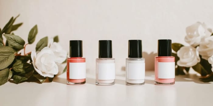 Nail polish bottles of neutral colors arranged on a marble background, AI Generated