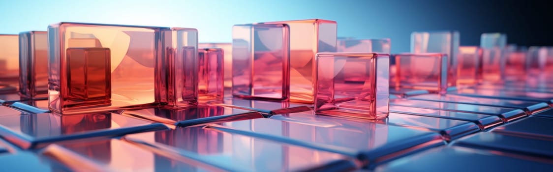 Abstract background of reflective neon purple, blue and orange glass cubes with copy space, AI generated