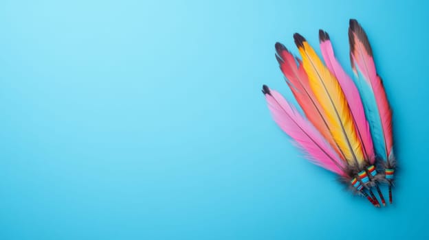 Nation indigenous peoples day concept, Colorful feather on minimslist color background, AI generated
