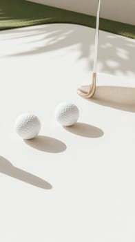 Golf club and two golf balls casting shadows on white surface, background, AI generated