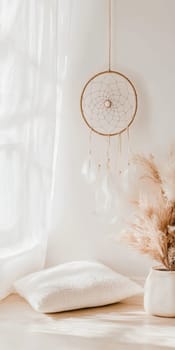 Dreamcatcher hanging in light airy room, boho decor background with copy space, AI generated