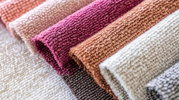 Chenille Fabric samples in various neutral colors close up arranged, texture detail, interior design palette background, AI Generated