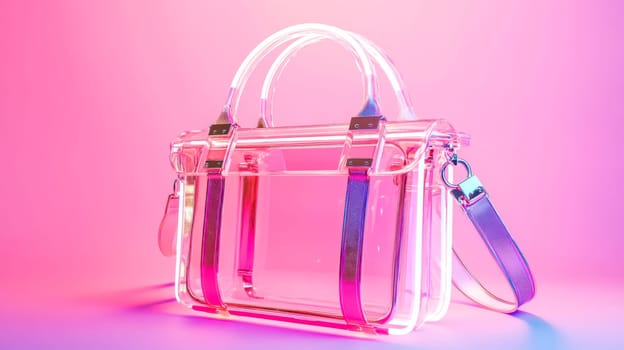 Transparent handbag with futuristic metal details and iridescent reflections is glowing on a vibrant pink background, creating a stylish and modern fashion statement