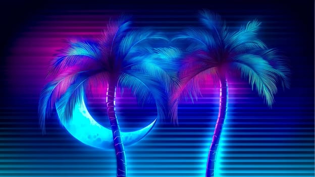 Two neon lit palm trees stand tall against a vibrant synthwave background, with a glowing crescent moon adding a touch of magic to the tropical scene
