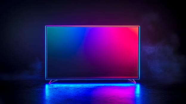 Transparent oled tv with neon lights and smoke in a dark room showing a gradient of colors from blue to pink, creating a futuristic and minimalist atmosphere