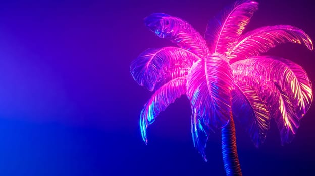 Luminous palm tree stands out against a backdrop of vibrant neon pink and purple hues, creating a striking and surreal tropical scene with a retro touch
