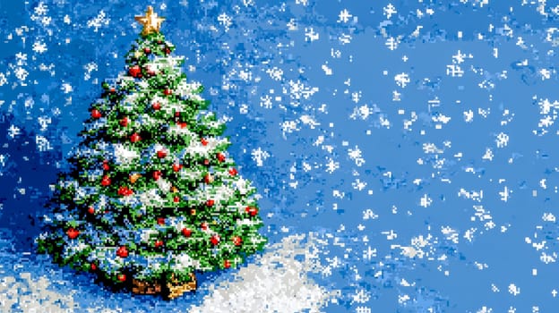 Snow is falling on a pixelated christmas tree with red and gold ornaments on a pixelated blue background, creating a festive and retro holiday scene