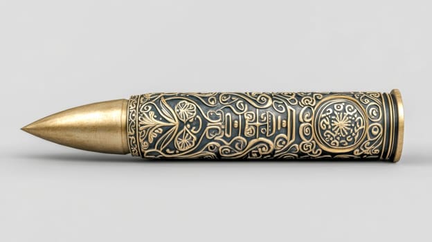 Large bullet adorned with intricate oriental design is resting on a simple gray background, showcasing the craftsmanship and artistry of its decoration