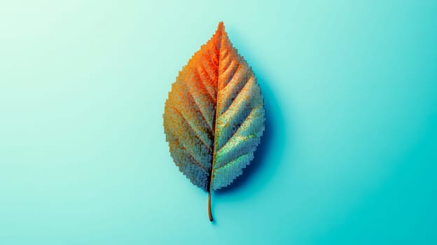 Pixelated leaf featuring a warm gradient against a vibrant turquoise background creates striking contrast, suggesting digital art and technological transformation