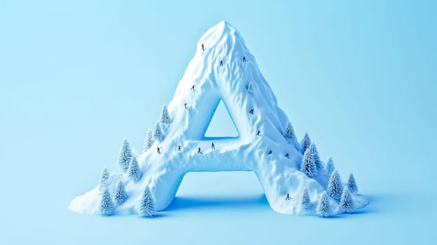 Miniature skiers and snowboarders racing down slopes of a snow covered mountain shaped like the letter a, surrounded by pine trees against a light blue backdrop