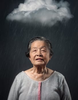 Scared elderly asian woman standing under rain, with a dark storm cloud above head. Concept of losing memory, Alzheimer's and dementia disease. Moody and pessimistic thoughts