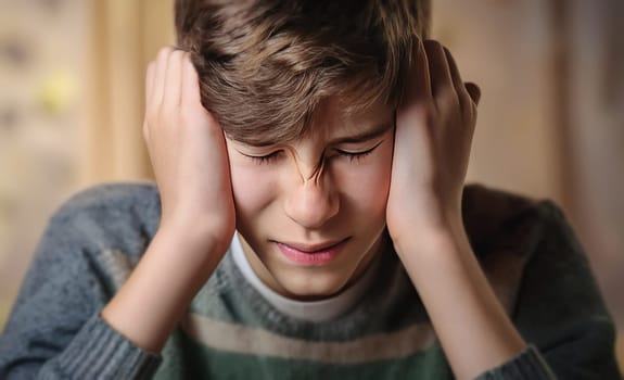 Upset boy teenager victim of school bullying keeps hand to head, eyes closed, feeling discomfort and emotional stress. Sad adolescent feels scared, looks hopeless and pessimistic