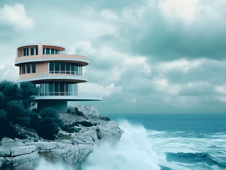 Unique circular building stands on a rocky cliff overlooking a turbulent sea. The sky is overcast, and waves crash dramatically against the rocks below, creating a striking contrast.