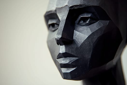 A striking metal face sculpture stands prominently, revealing a complex geometric design.