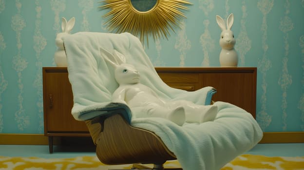 A surreal Easter bunny reclines on a stylish chair draped in a cozy blanket. The room features vibrant wallpaper and decorative bunnies, blending whimsy and nostalgia.