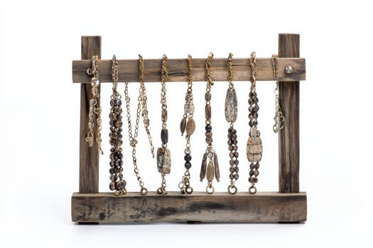 Delicate necklaces hang gracefully on a rustic wooden stand, illuminated by gentle glowing light that highlights their unique designs.