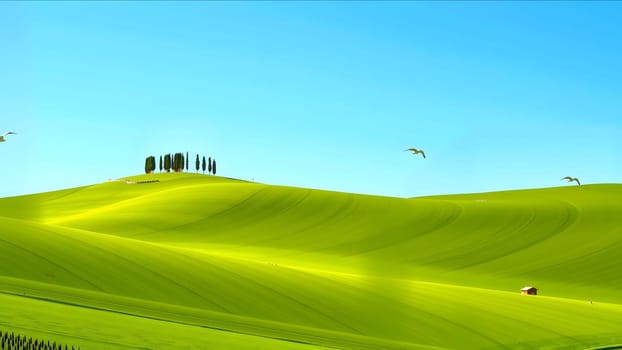 The nice green grass field with beautiful blue sky and cloud with trees