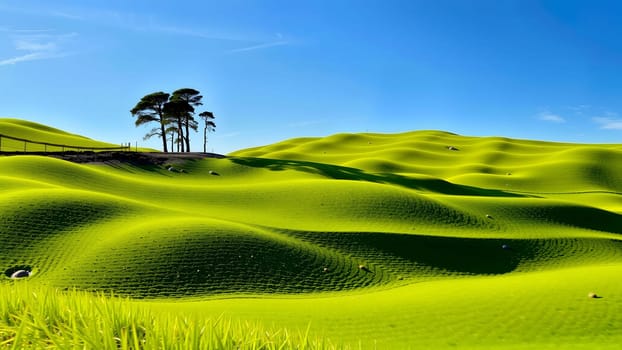 The nice green grass field with beautiful blue sky and cloud with trees