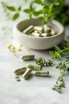 Supplements and vitamins with medicinal herbs. Selective focus. Generative AI, medical