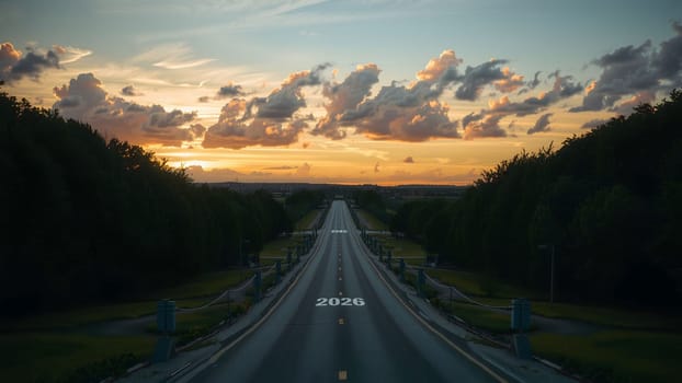 The text 2026 written on the road in the middle of asphalt road