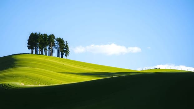 The nice green grass field with beautiful blue sky and cloud with trees